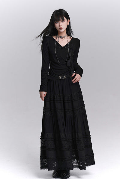 Stylish Rose Black Long-Sleeved Top LAD0236