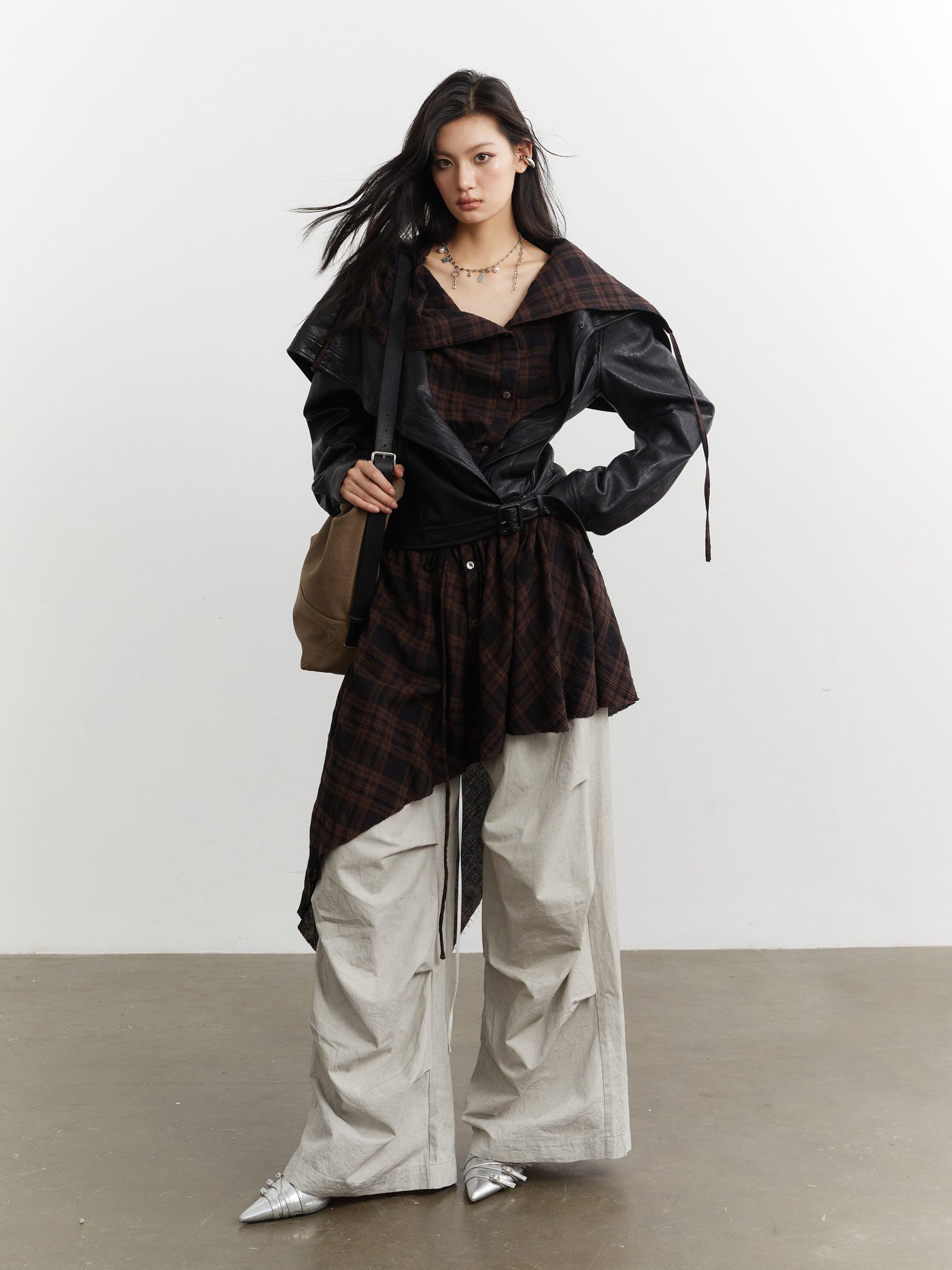 Plaid Stitching Leather Jacket+Skirt JNY0251