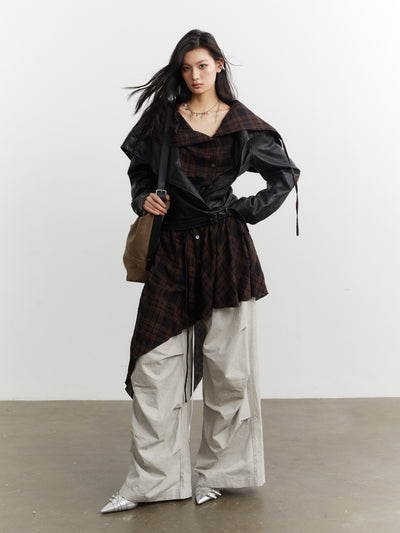 Plaid Stitching Leather Jacket+Skirt JNY0251