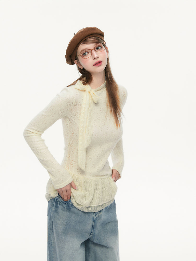 Lace Bow Tie Long Sleeves Top SPE0079