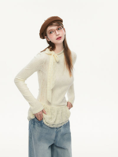Lace Bow Tie Long Sleeves Top SPE0079
