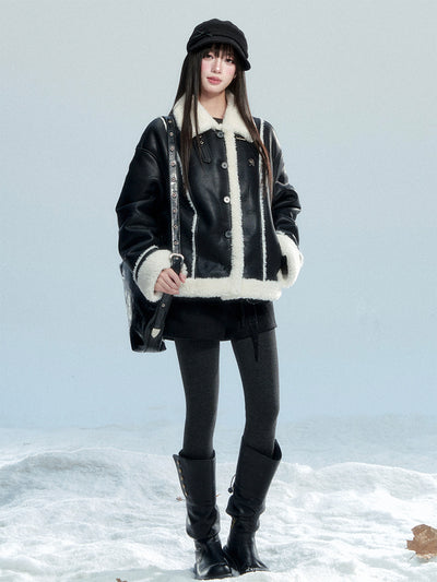 Fur Collar Black Leather Jacket FRA0477