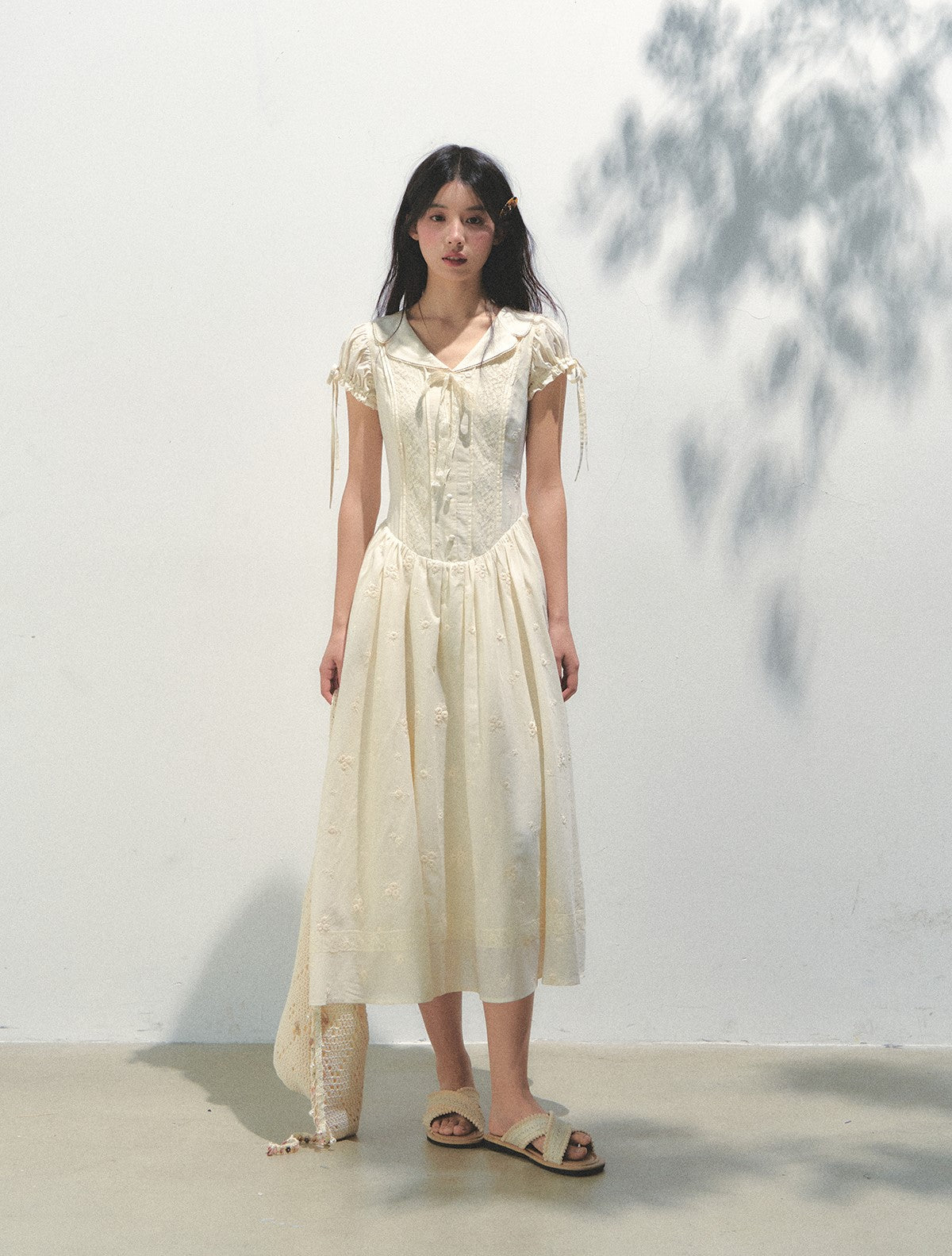 Embroidered Puff Sleeve Shirt Dress SUN0163