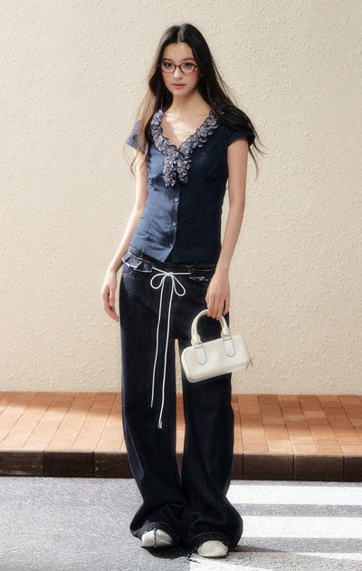 Navy Lace Short-sleeved T-shirt SHI0182