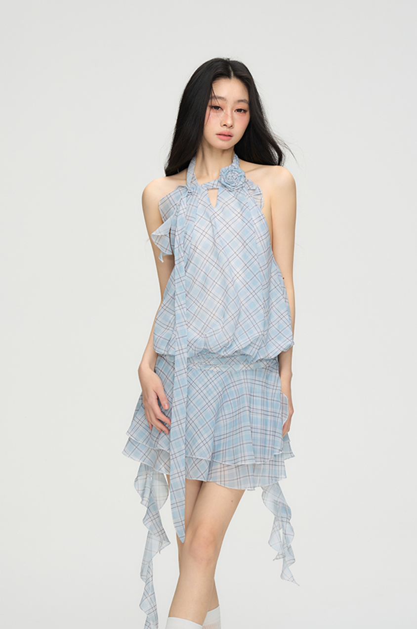 Flower Backless Plaid Irregular Dress PUN0073