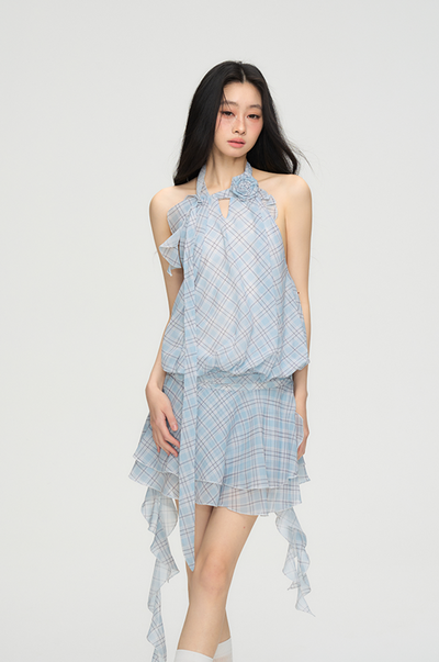 Flower Backless Plaid Irregular Dress PUN0073