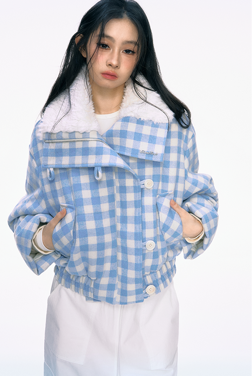 Fur Collar Blue Plaid Lapel Short Cotton Jacket PUN0032