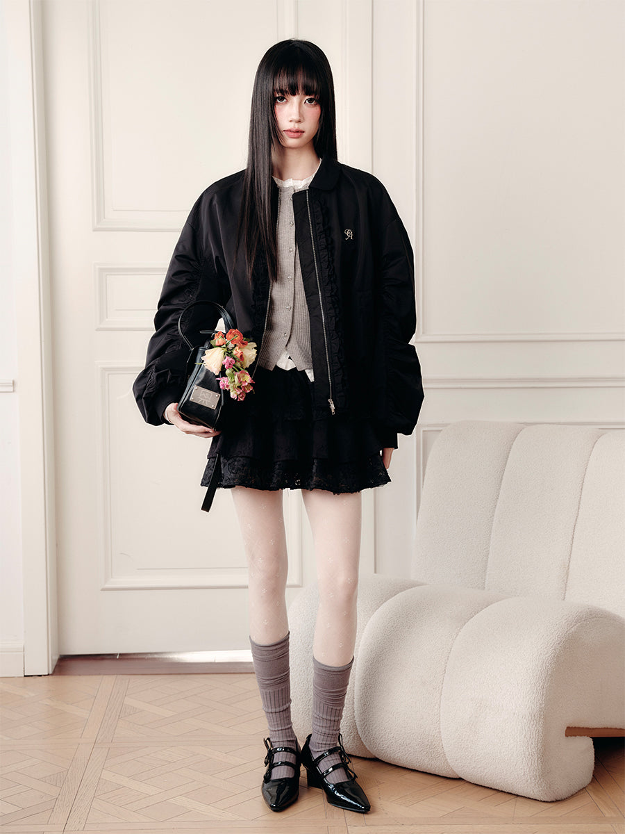 Black Lace Lapel Jacket FRA0434