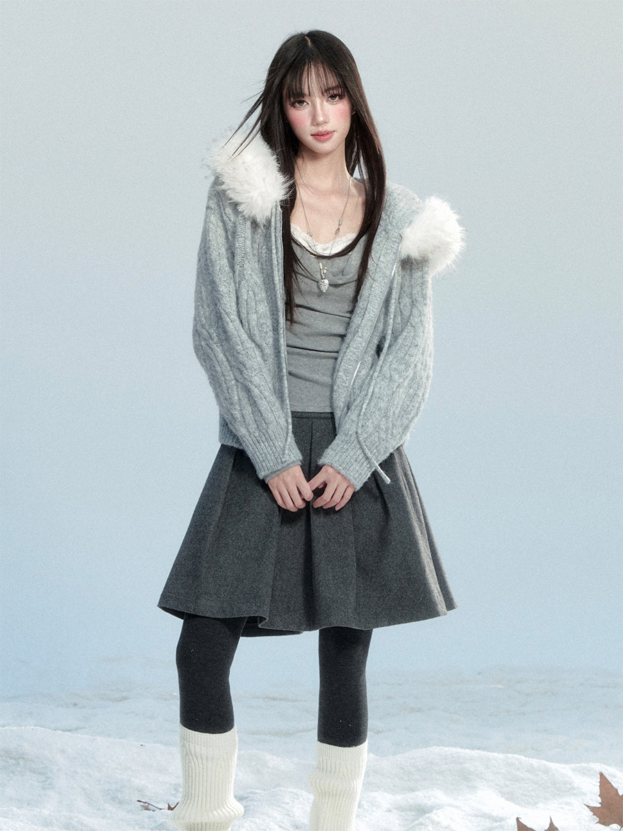 Large Fur Collar Knitted Jacket FRA0474