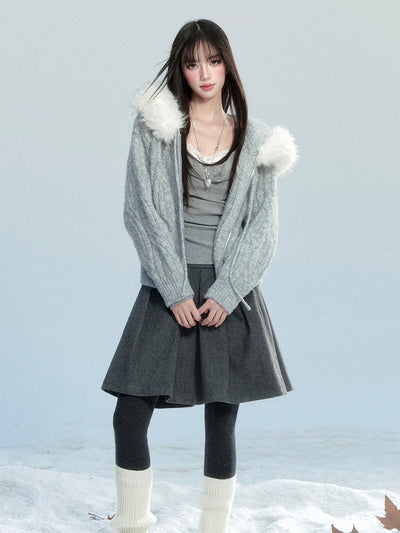 Large Fur Collar Knitted Jacket FRA0474