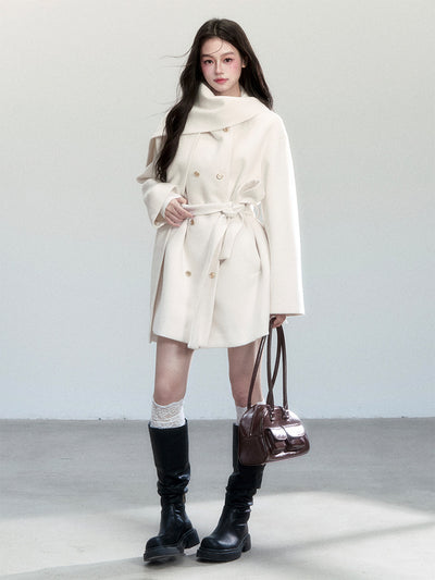 White Lace-up Elegant Scarf+Coat FRA0454