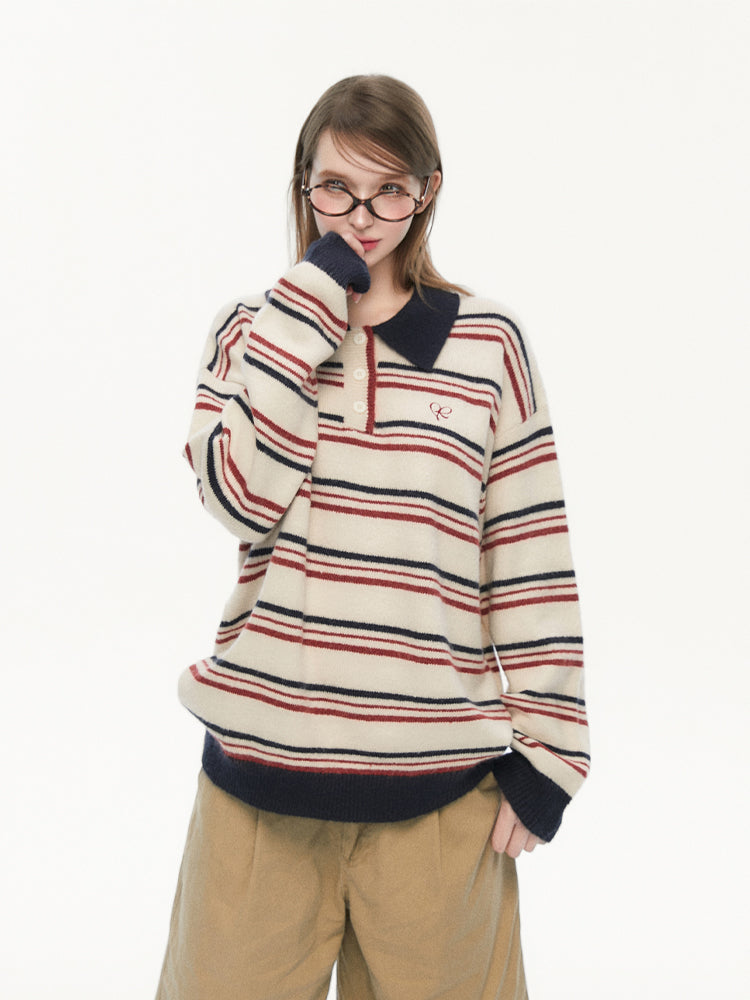 Retro Polo Collar Striped Sweater SPE0075
