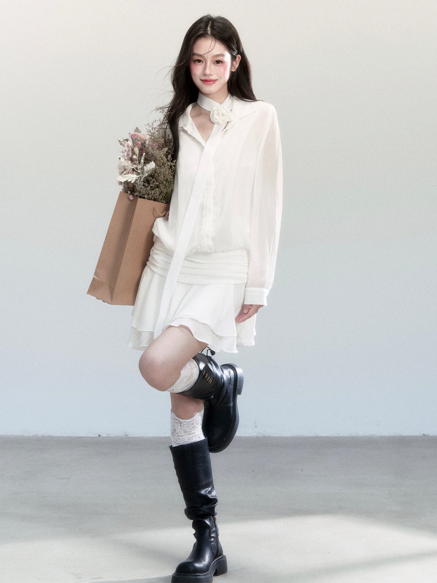 Chiffon Ruffled Hem Shirt Dress FRA0450