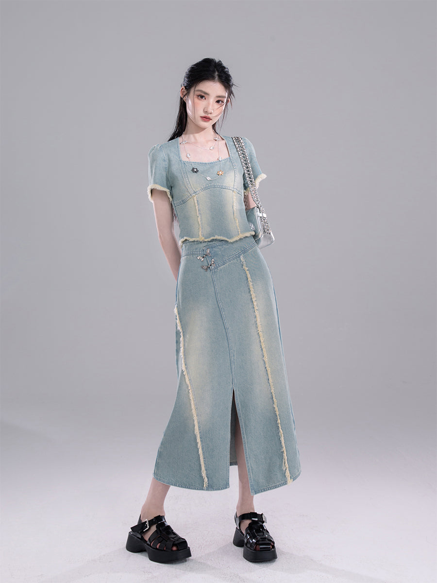 Raw-edge Denim Top/Slit Skirt COT0266