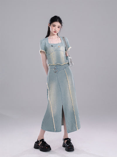 Raw-edge Denim Top/Slit Skirt COT0266