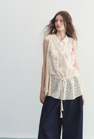 Knitted Hollow Polo Neck Sleeveless Top SPE0102