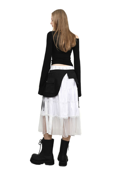 Black Irregular Pockets Outer Skirt ANY0087