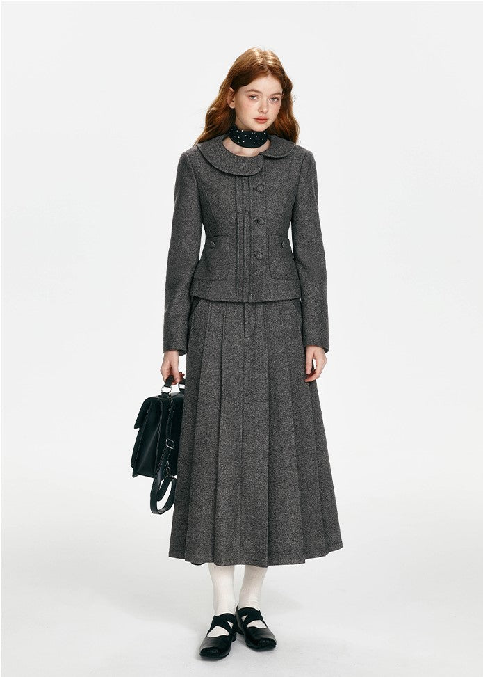 Simple Retro Tucker Line Jacket/Waist Wool Skirt BOH0089