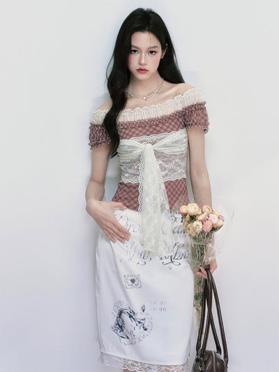 One-shoulder Strap Lace Plaid Top FRA0391