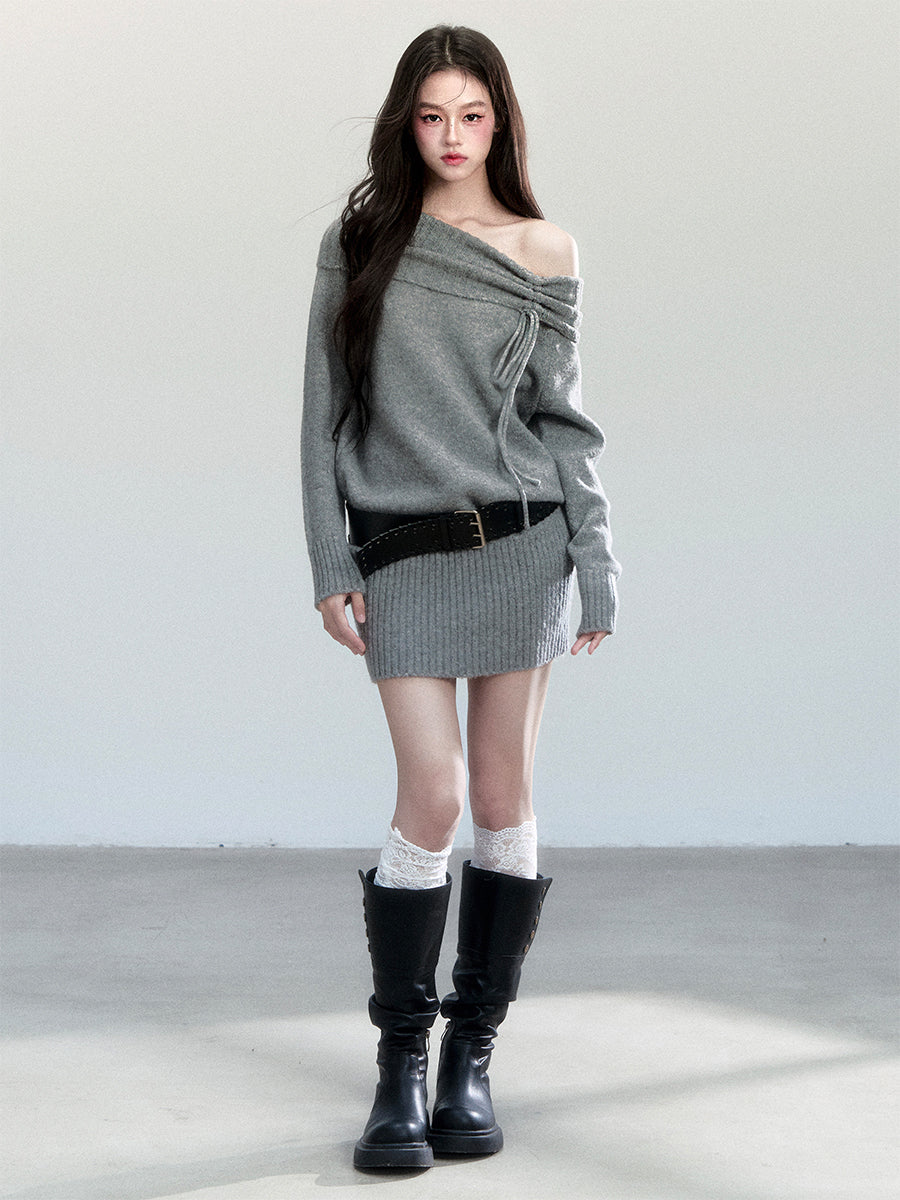 Velvet Draped Off-shoulder Knitted Dress FRA0461