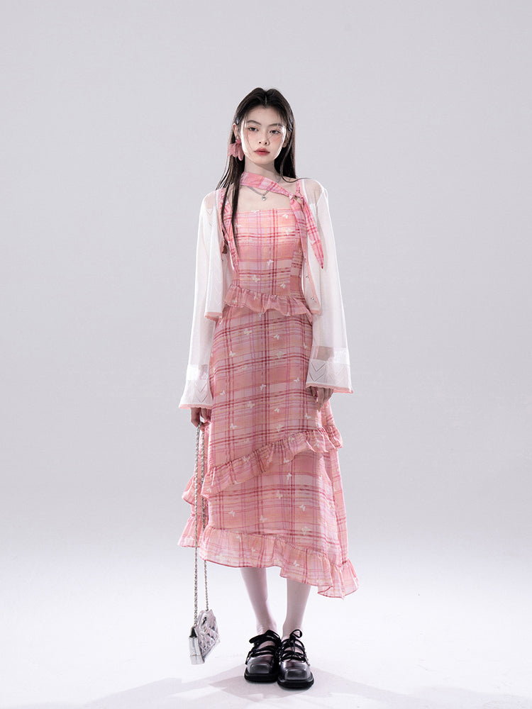 Check Butterfly Print Dress COT0260