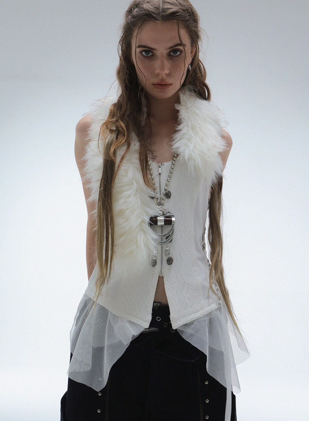Lace Splicing Metal Button Fur Collar Vest DOU0129