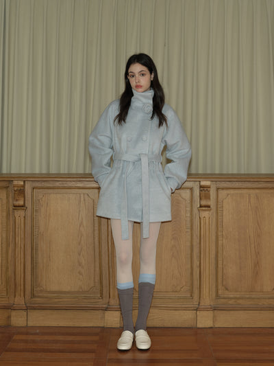 Glacier Blue Three-dimensional Rose Woolen Coat REC0065