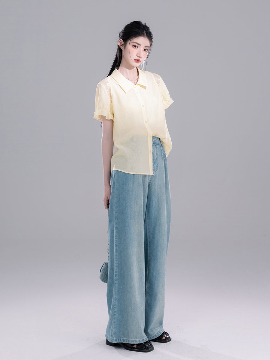 Yellow Lace Stitching Shirt COT0265