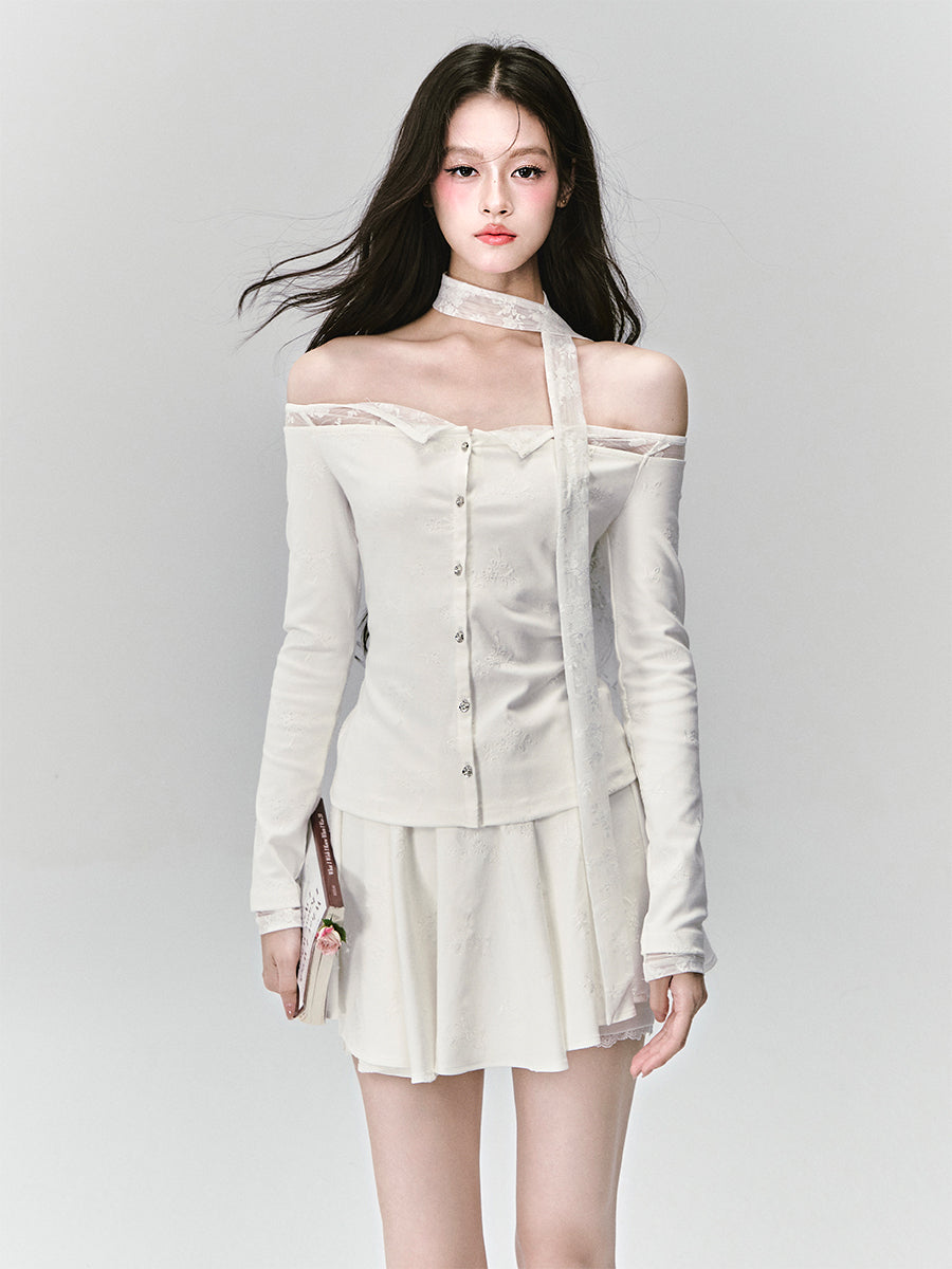 White Lace One-Shoulder Top/Embroidered Skirt FRA0415