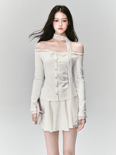 White Lace One-Shoulder Top/Embroidered Skirt FRA0415