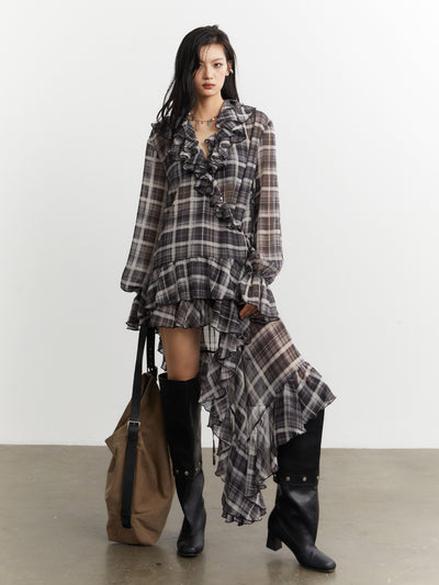 Ruffled Asymmetrical Plaid Shirt Dress JNY0254