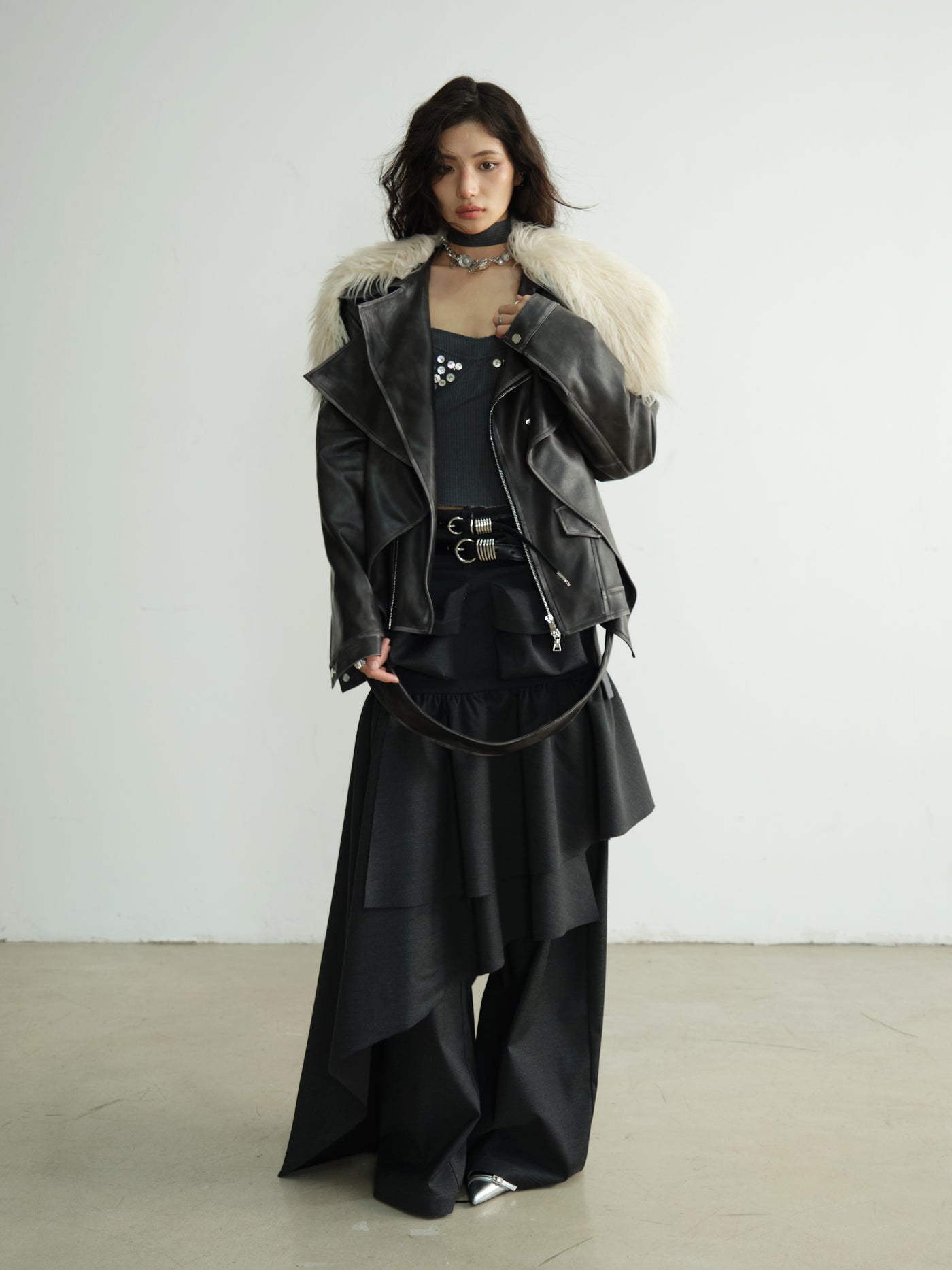 All-match Double Waist Metal Belt Pleated Casual Pants/Skirt JNY0196