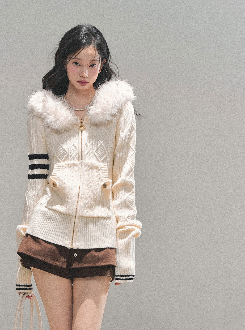 Fur Hooded Knit Cardigan DIA0705