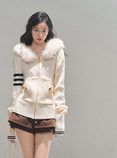 Fur Hooded Knit Cardigan DIA0705