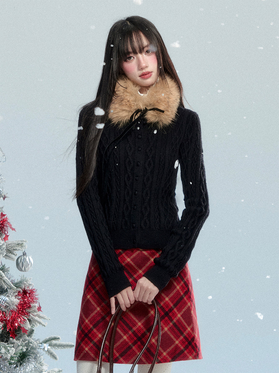 Detachable Fur Tie Cable Sweater FRA0473