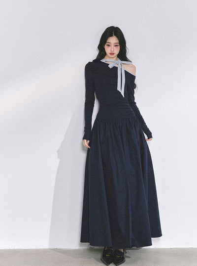 Off-shoulder Waist Slim Bow Dress DIA0574