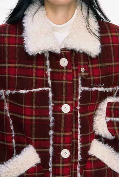 Red Plaid Woolen Fur Coat PUN0040