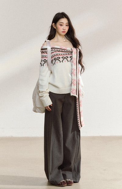 White Off-shoulder Jacquard Sweater SHI0219