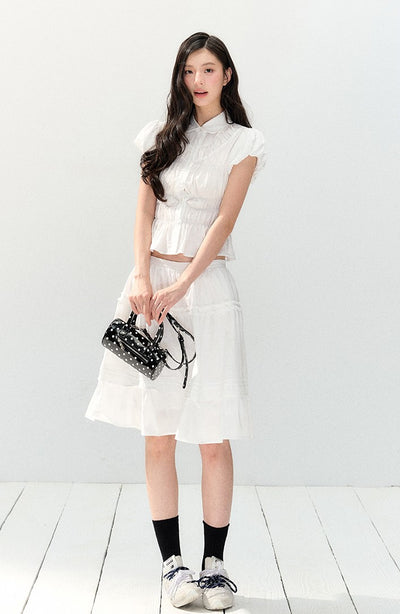 White Lace Short-sleeved Shirt/Skirt SHI0136