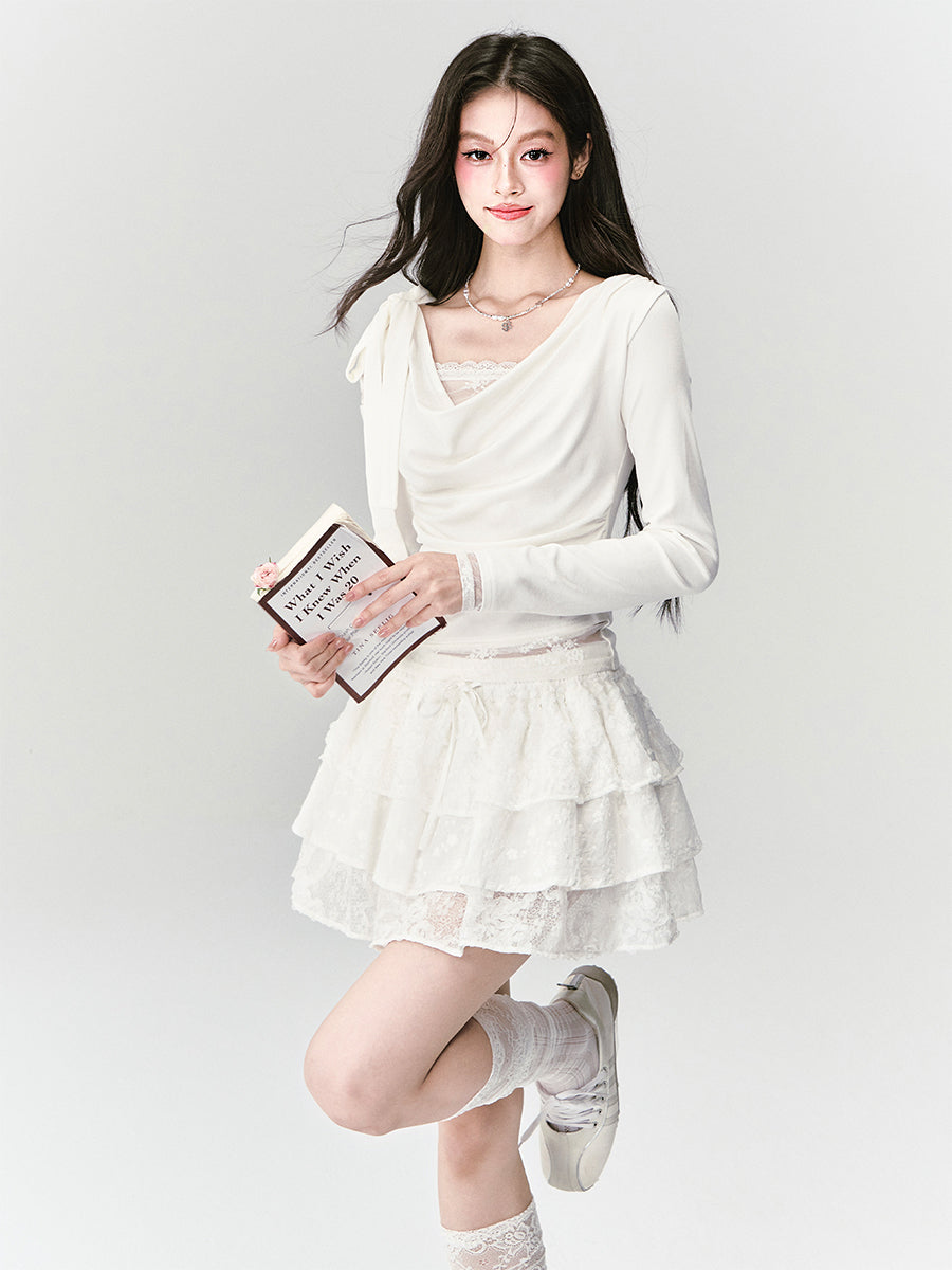 Cream Lace Swing Neck Top/Lace Cake Skirt FRA0410