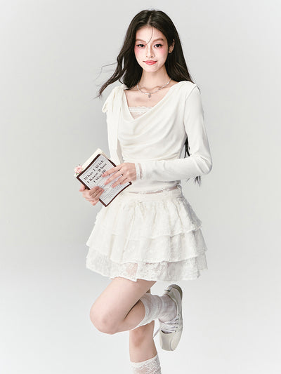 Cream Lace Swing Neck Top/Lace Cake Skirt FRA0410