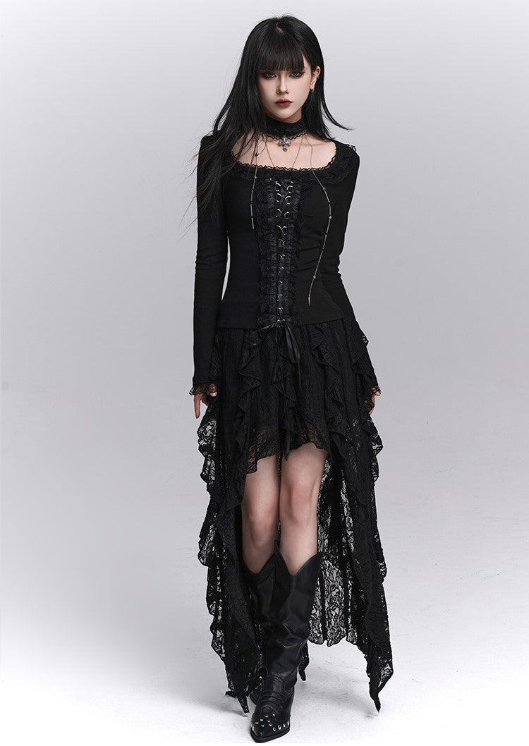 Black Long-Sleeved Lace Slim T-shirt LAD0248