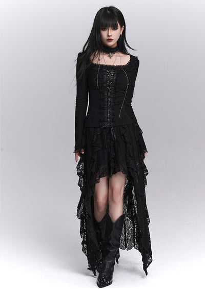 Black Long-Sleeved Lace Slim T-shirt LAD0248