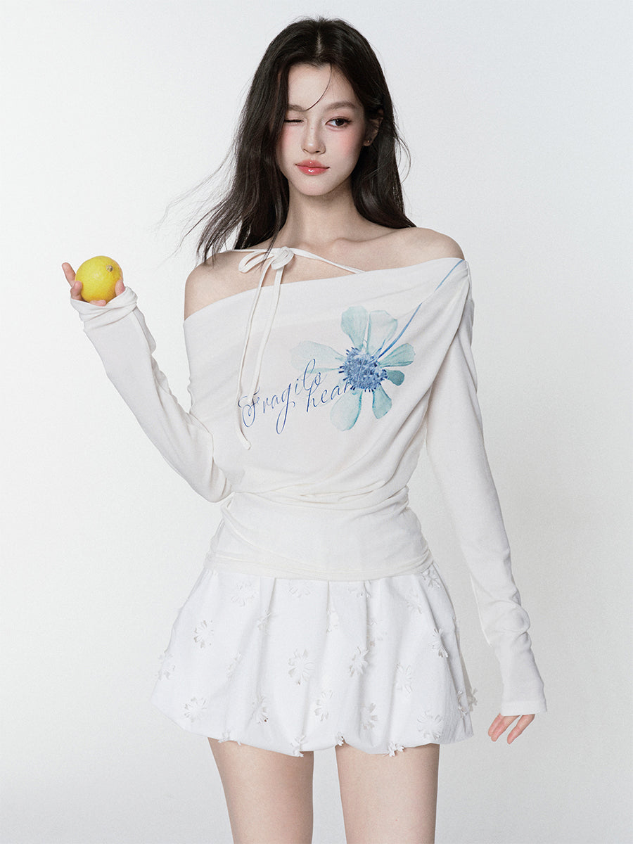 Flower Printed Off-shoulder T-shirt FRA0384