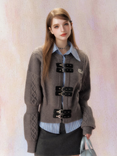 Leather Button Knitted Cardigan SPE0017
