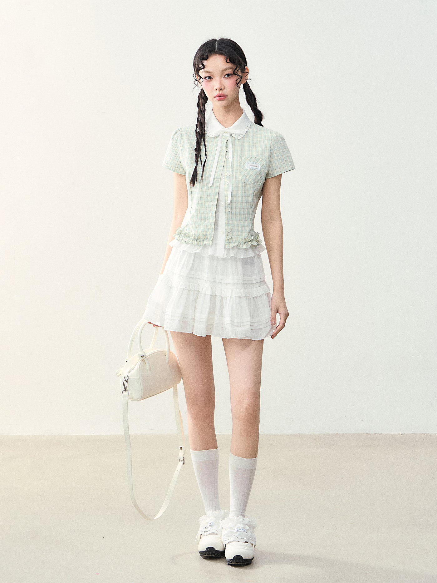 Doll Collar Fake Two-piece Plaid Shirt NTO0229