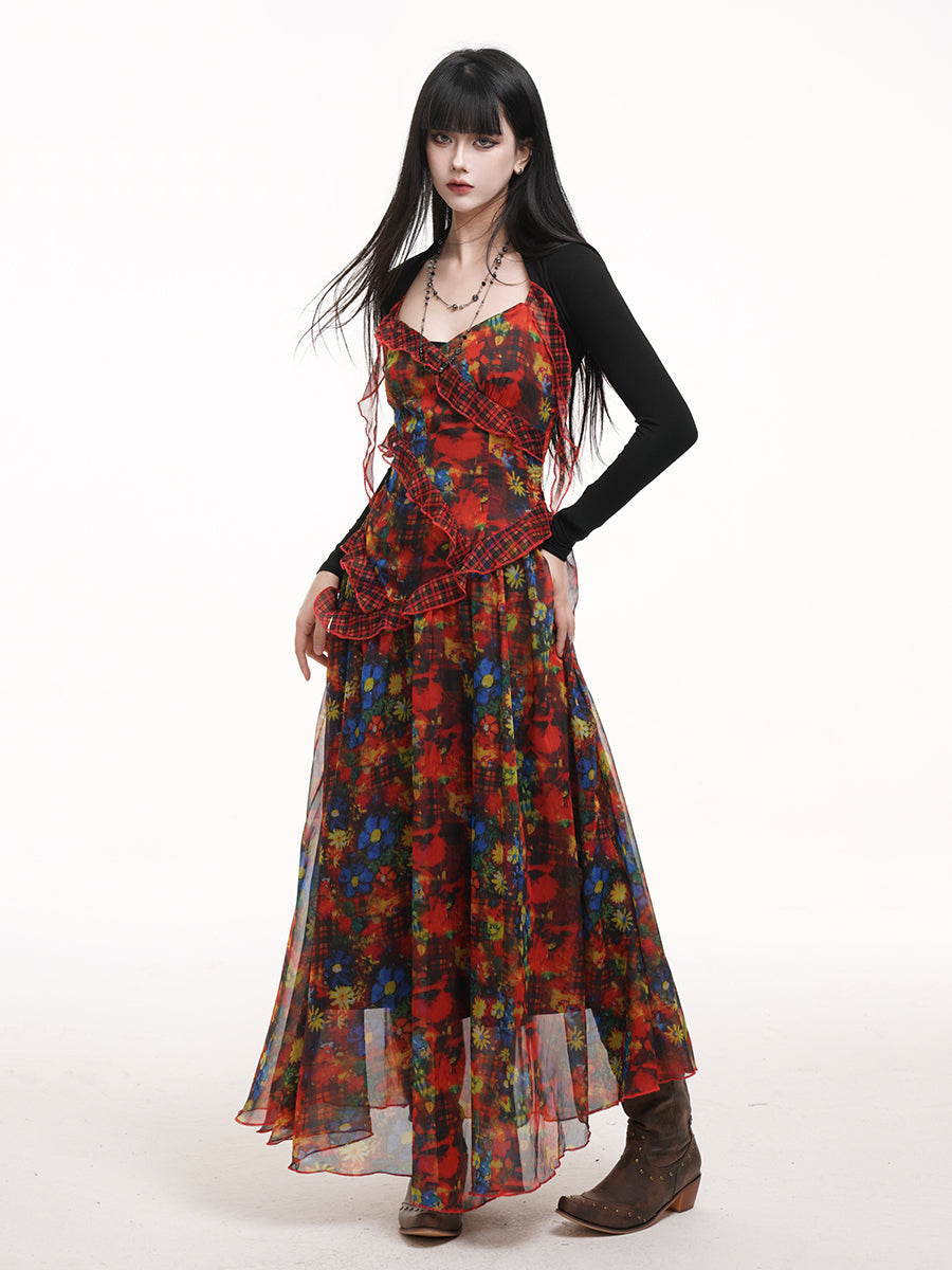 Red Floral Suspender Dress LAD0168
