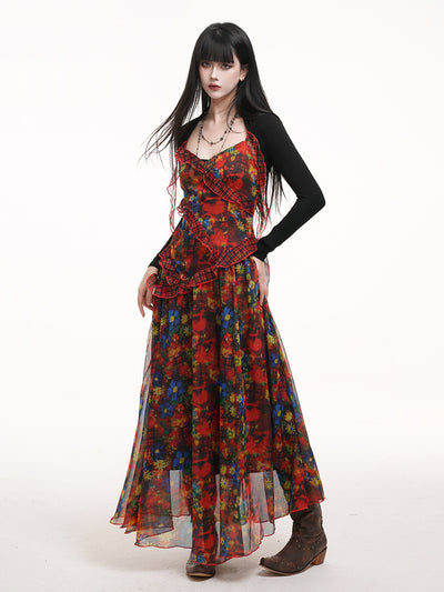 Red Floral Suspender Dress LAD0168