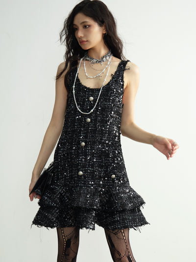 Small Fragrance Style Celebrity Sequins Destructive Tassel Ruffle Cake Dress JNY0190