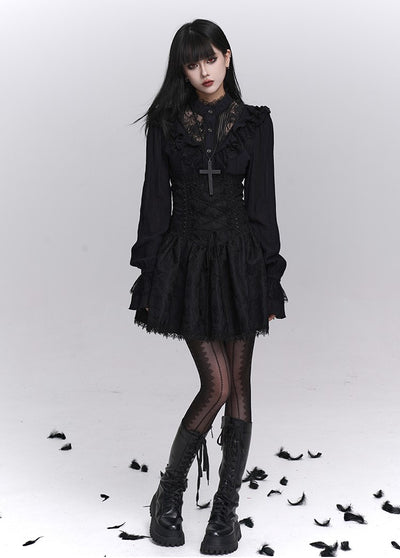 Black Long-Sleeved Lace Shirt LAD0244